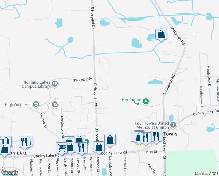 map of restaurants, bars, coffee shops, grocery stores, and more near 6882 Palos Verdes Lane in Waterford Township