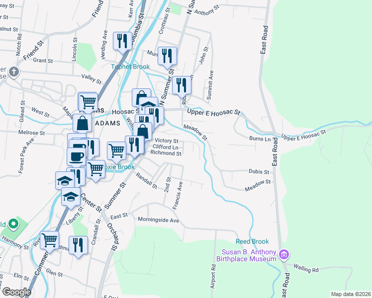 map of restaurants, bars, coffee shops, grocery stores, and more near 34 Richmond Street in Adams