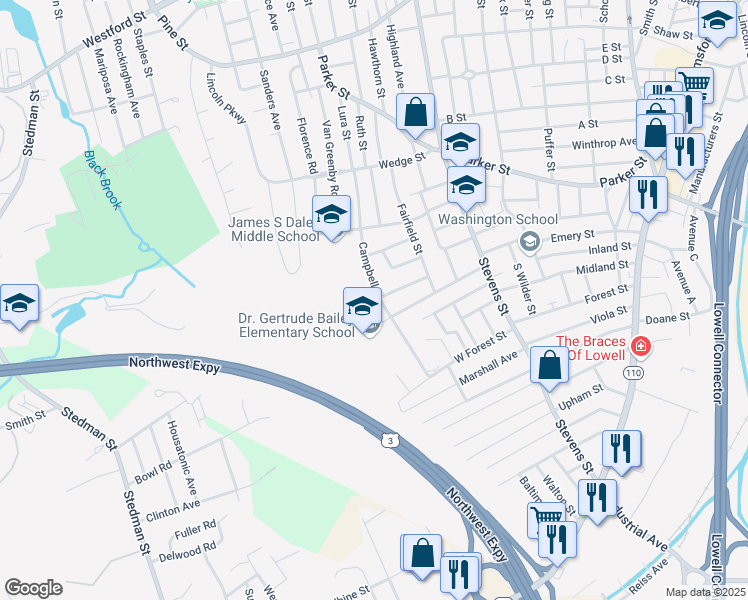 map of restaurants, bars, coffee shops, grocery stores, and more near 145 Campbell Drive in Lowell