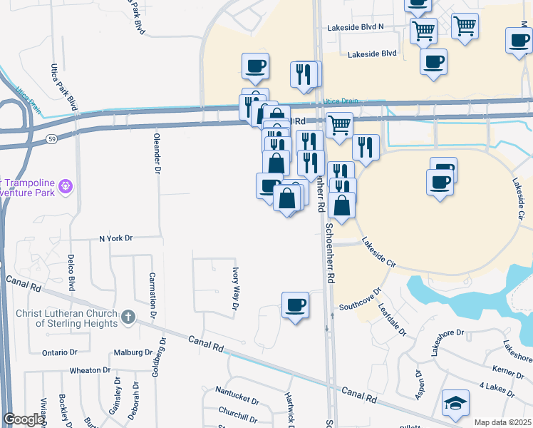 map of restaurants, bars, coffee shops, grocery stores, and more near 44625 Schoenherr Road in Sterling Heights