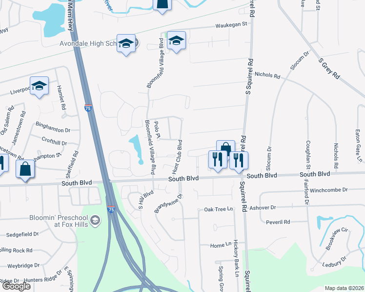 map of restaurants, bars, coffee shops, grocery stores, and more near 921 Hunt Club Boulevard in Auburn Hills