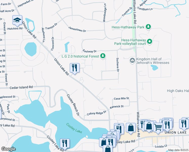 map of restaurants, bars, coffee shops, grocery stores, and more near 8380 Carpathian Drive in White Lake charter Township
