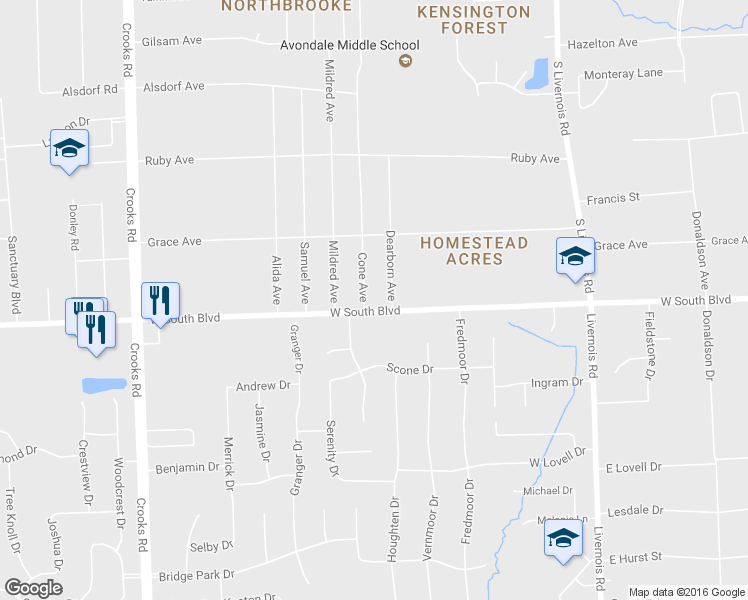 map of restaurants, bars, coffee shops, grocery stores, and more near 3945 Cone Avenue in Rochester Hills