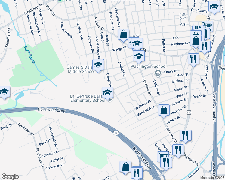 map of restaurants, bars, coffee shops, grocery stores, and more near 175 Campbell Drive in Lowell