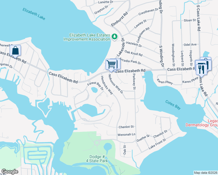 map of restaurants, bars, coffee shops, grocery stores, and more near 1085 Hendricks Way in Waterford Township