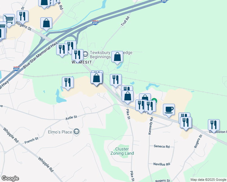 map of restaurants, bars, coffee shops, grocery stores, and more near 283 Old Main Street in Tewksbury