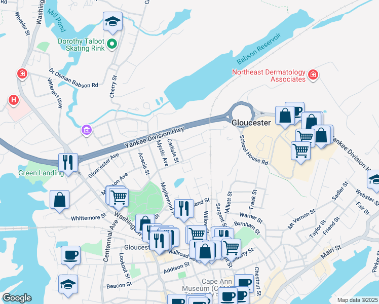 map of restaurants, bars, coffee shops, grocery stores, and more near 3 Hawthorne Road in Gloucester