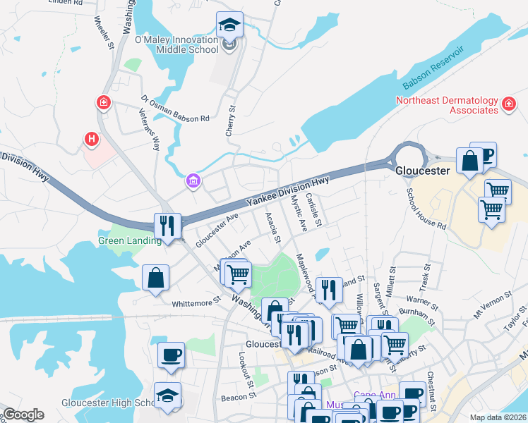 map of restaurants, bars, coffee shops, grocery stores, and more near 4 Springfield Street in Gloucester