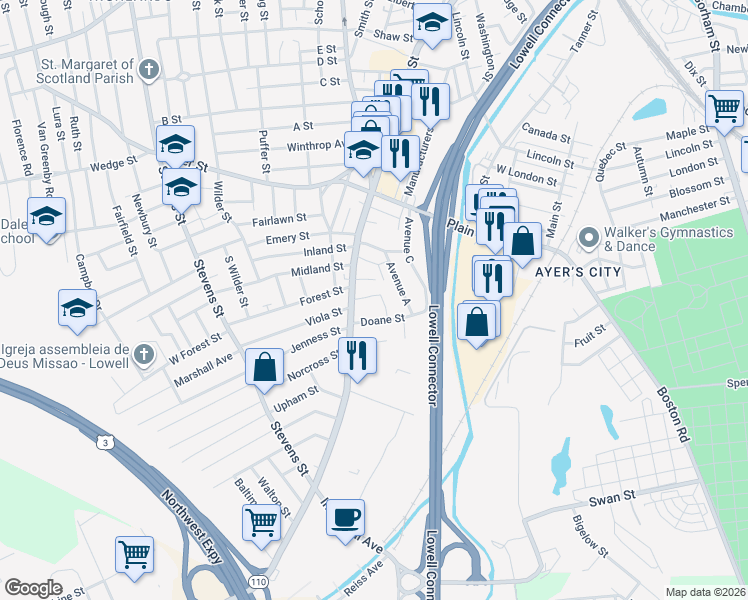 map of restaurants, bars, coffee shops, grocery stores, and more near 642 Chelmsford Street in Lowell