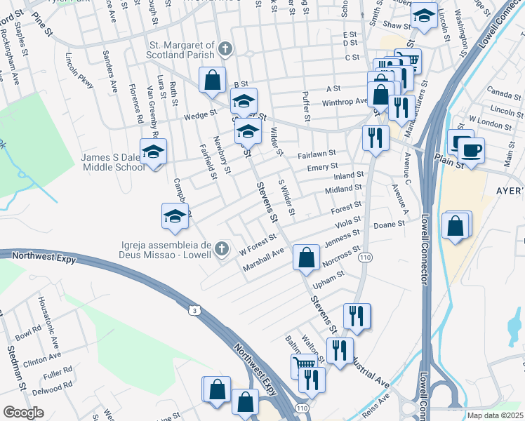 map of restaurants, bars, coffee shops, grocery stores, and more near 33 McKinley Avenue in Lowell