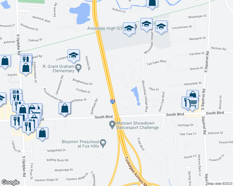 map of restaurants, bars, coffee shops, grocery stores, and more near 2677 Williamsburg Circle in Auburn Hills