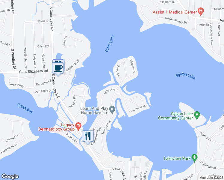 map of restaurants, bars, coffee shops, grocery stores, and more near 1131 Otter Avenue in Waterford Township