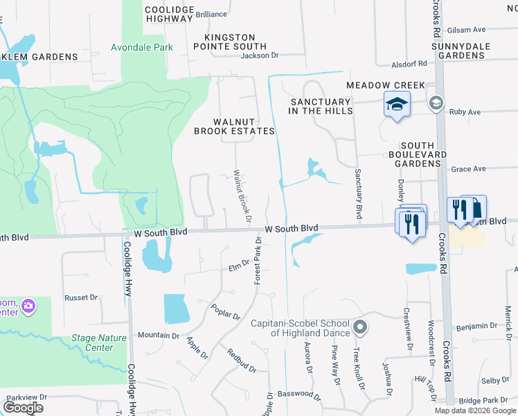 map of restaurants, bars, coffee shops, grocery stores, and more near 2530 West South Boulevard in Rochester Hills