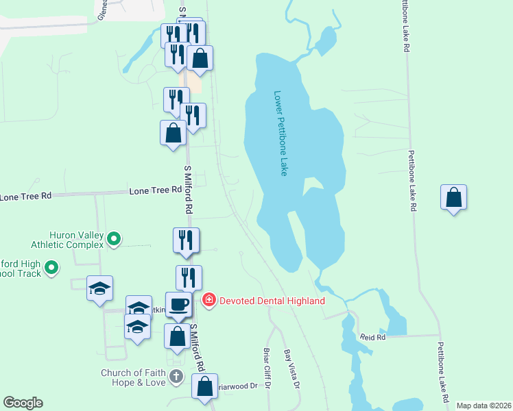 map of restaurants, bars, coffee shops, grocery stores, and more near 1885 Lakeview Lane in Highland Charter Township