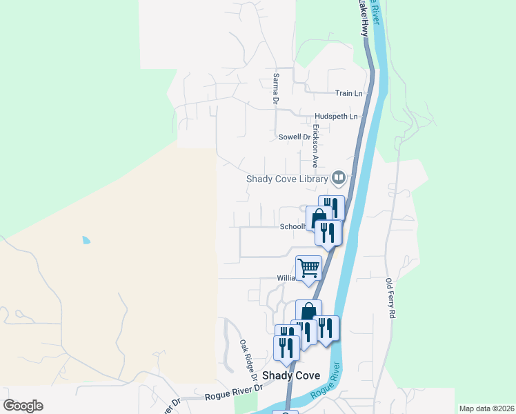 map of restaurants, bars, coffee shops, grocery stores, and more near 212 Schoolhouse Lane in Shady Cove