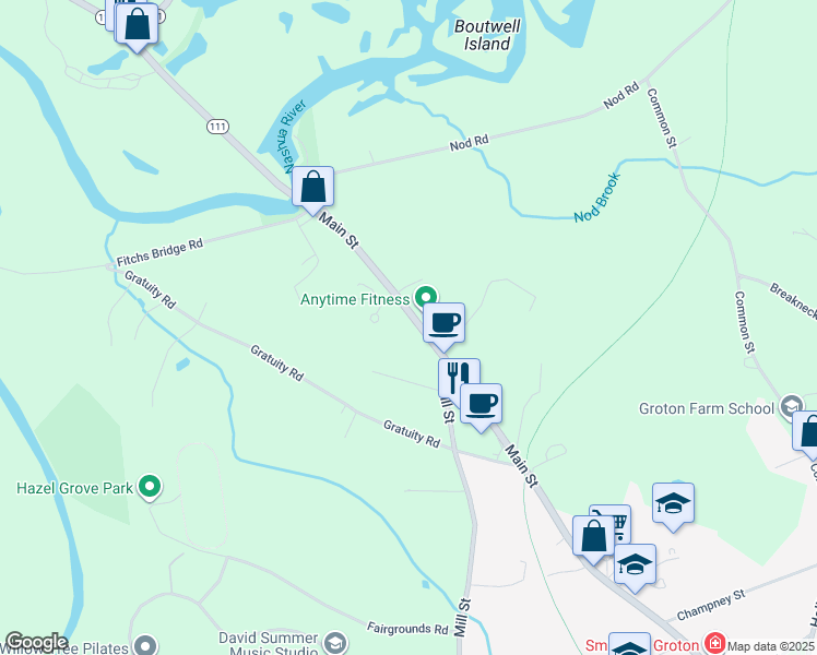 map of restaurants, bars, coffee shops, grocery stores, and more near 525 Main Street in Groton