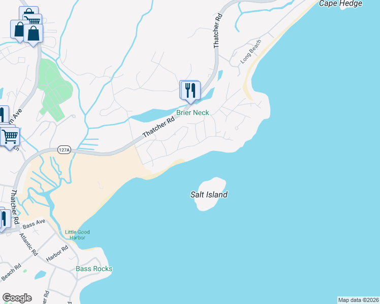 map of restaurants, bars, coffee shops, grocery stores, and more near 27 Salt Island Road in Gloucester