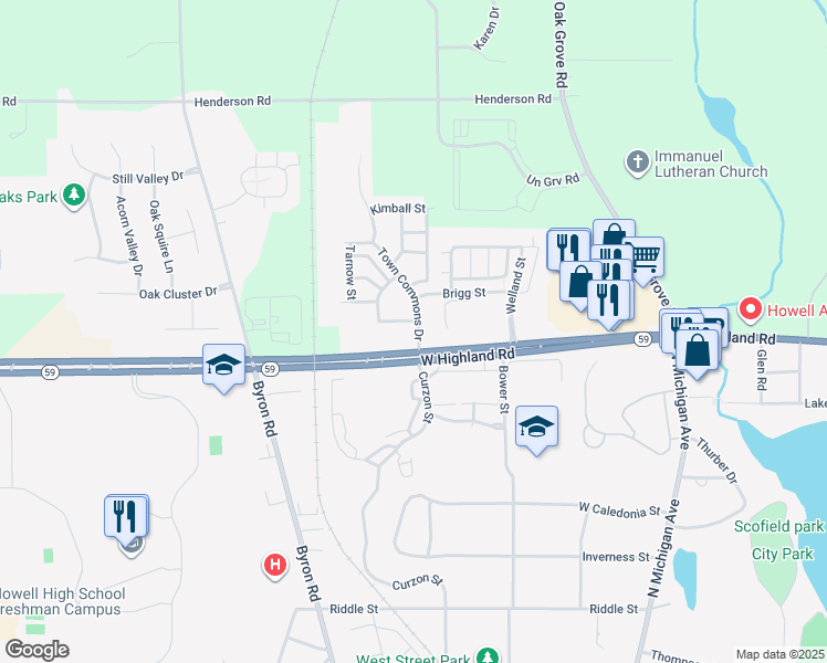 map of restaurants, bars, coffee shops, grocery stores, and more near 1601 Town Commons Drive in Howell