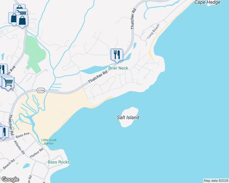 map of restaurants, bars, coffee shops, grocery stores, and more near 27 Salt Island Road in Gloucester
