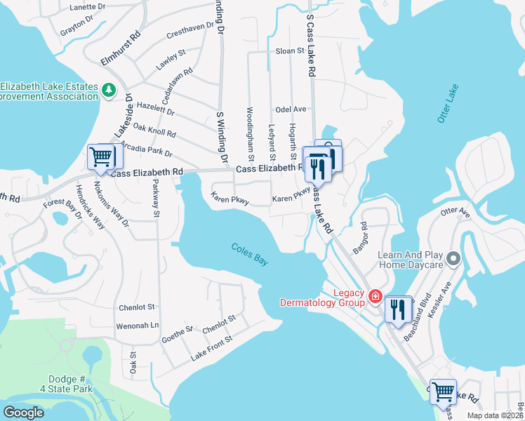 map of restaurants, bars, coffee shops, grocery stores, and more near 3621 Karen Parkway in Oakland County