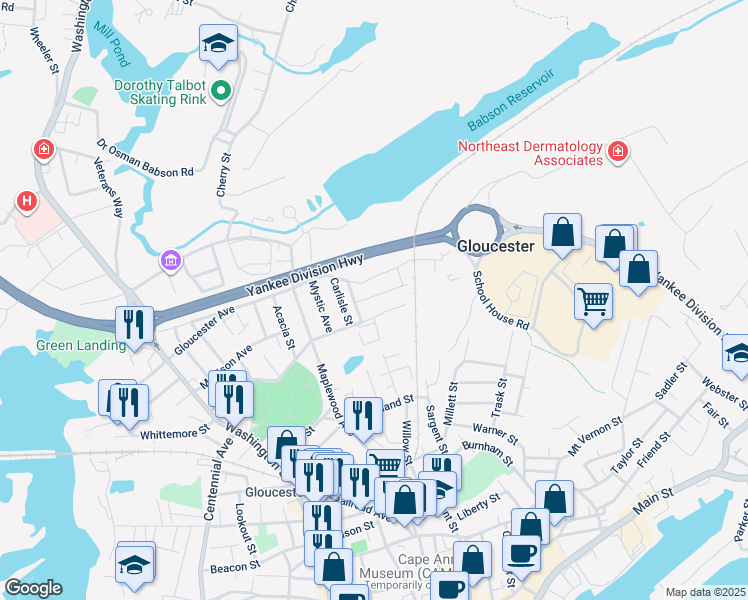 map of restaurants, bars, coffee shops, grocery stores, and more near 3 Hawthorne Road in Gloucester