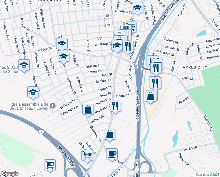 map of restaurants, bars, coffee shops, grocery stores, and more near 21 Viola Street in Lowell