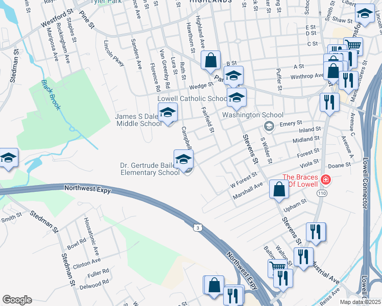 map of restaurants, bars, coffee shops, grocery stores, and more near 145 Campbell Drive in Lowell