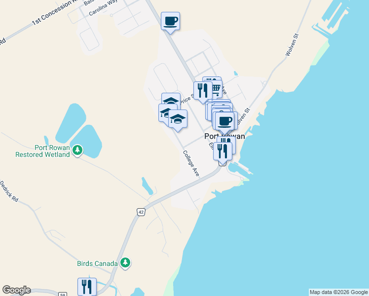 map of restaurants, bars, coffee shops, grocery stores, and more near 21 Ethel Ferris Street in Port Rowan