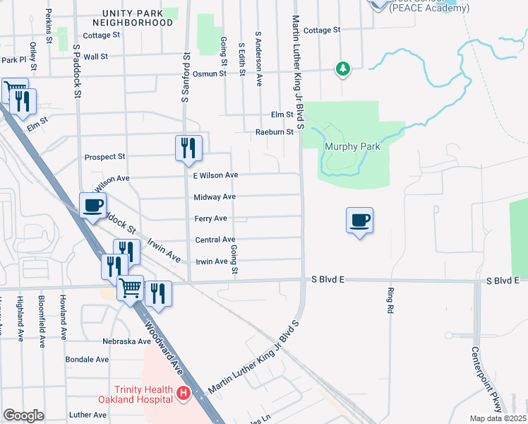 map of restaurants, bars, coffee shops, grocery stores, and more near 457 Ferry Avenue in Pontiac