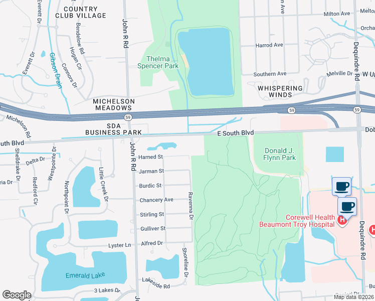 map of restaurants, bars, coffee shops, grocery stores, and more near 2173 Harned Street in Troy