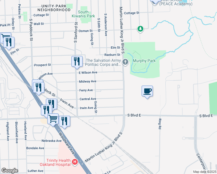 map of restaurants, bars, coffee shops, grocery stores, and more near 457 Ferry Avenue in Pontiac