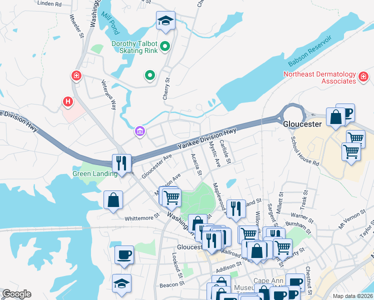 map of restaurants, bars, coffee shops, grocery stores, and more near Gloucester Avenue in Gloucester
