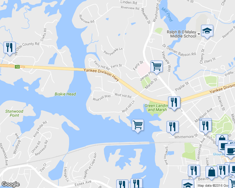 map of restaurants, bars, coffee shops, grocery stores, and more near 13 Wolf Hill Road in Gloucester