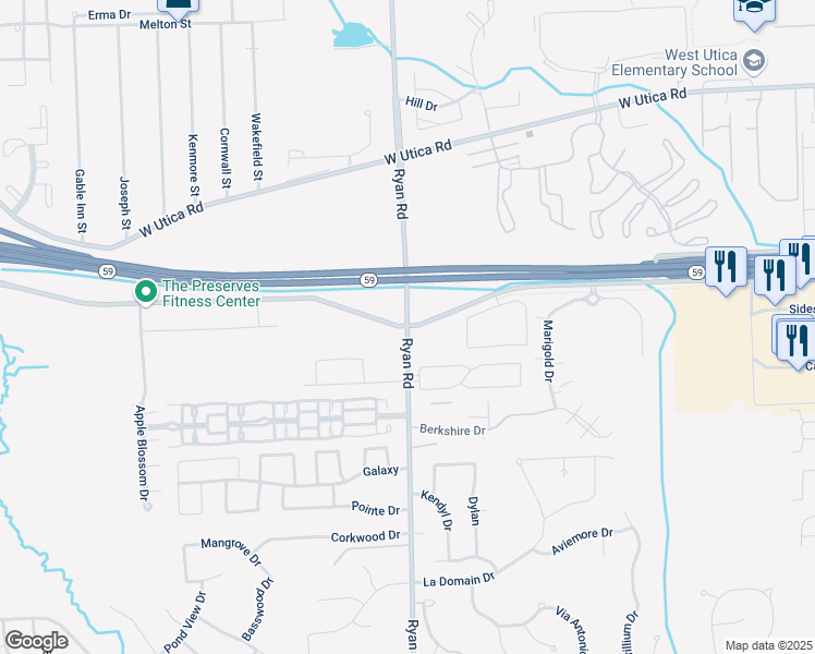 map of restaurants, bars, coffee shops, grocery stores, and more near Ryan Rd & Dobry Dr in Sterling Heights