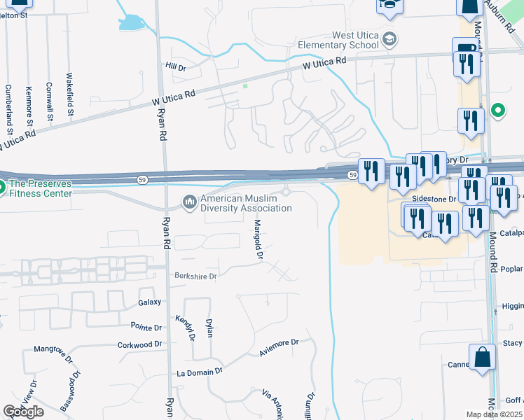 map of restaurants, bars, coffee shops, grocery stores, and more near 44884 Marigold Drive in Sterling Heights