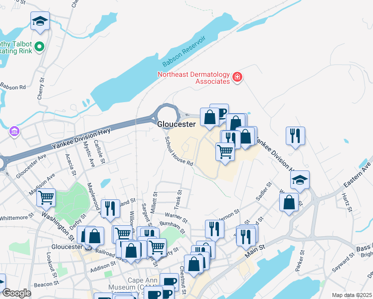 map of restaurants, bars, coffee shops, grocery stores, and more near 4 School House Road in Gloucester