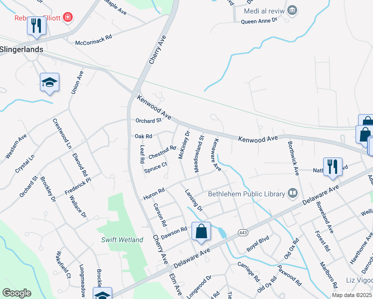 map of restaurants, bars, coffee shops, grocery stores, and more near 22 McKinley Drive in Delmar