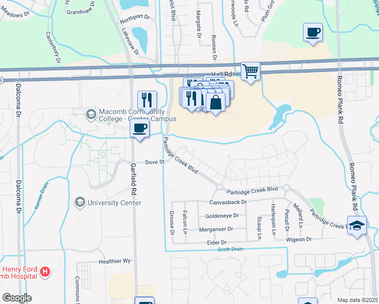 map of restaurants, bars, coffee shops, grocery stores, and more near Partridge Creek Boulevard in Charter Township of Clinton