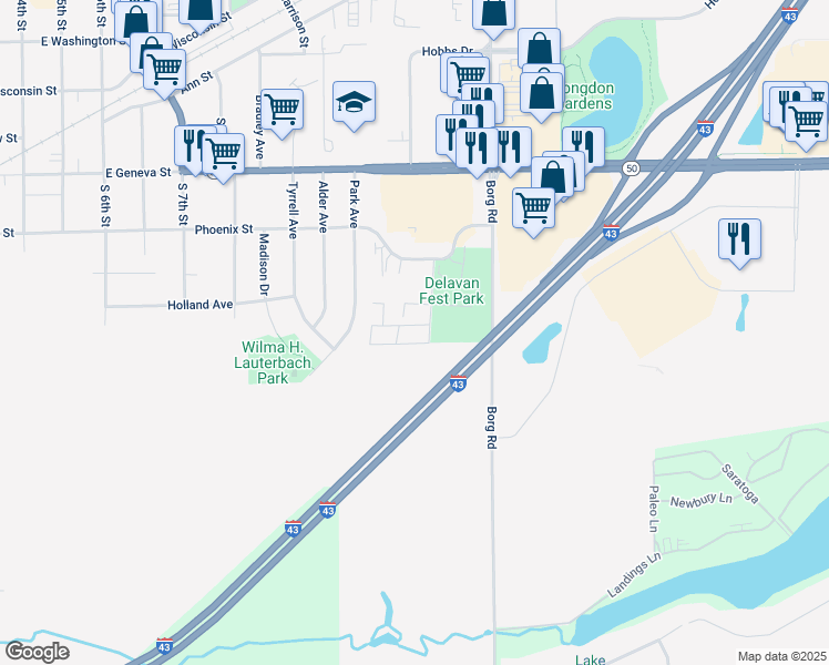 map of restaurants, bars, coffee shops, grocery stores, and more near 714 Faryl Avenue in Delavan