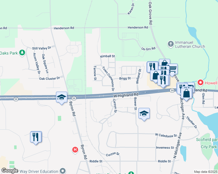 map of restaurants, bars, coffee shops, grocery stores, and more near 1600 Town Commons Drive in Howell