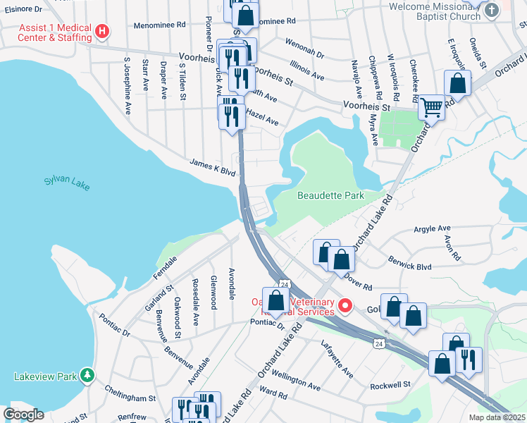 map of restaurants, bars, coffee shops, grocery stores, and more near 31-49 Canal Drive in Pontiac
