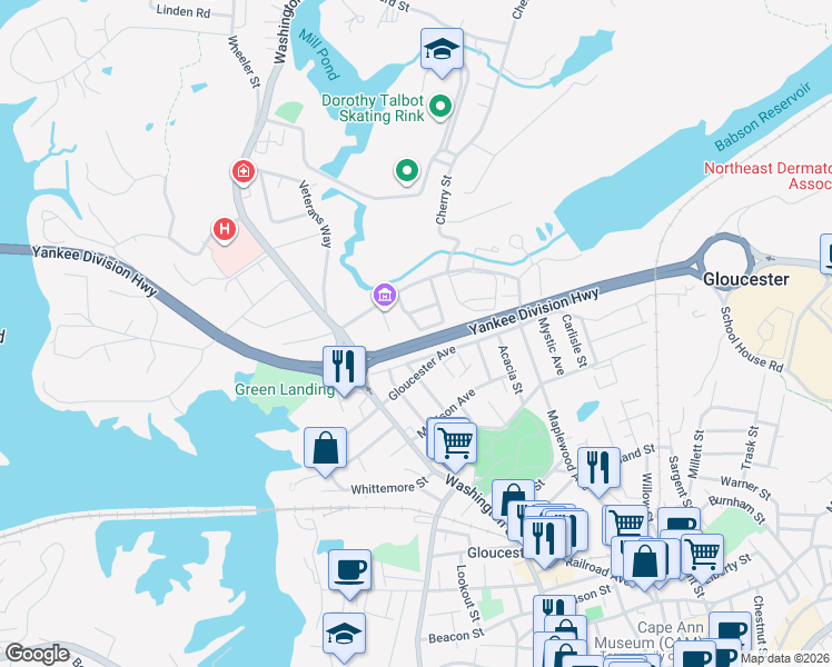 map of restaurants, bars, coffee shops, grocery stores, and more near 13 Bertoni Road in Gloucester