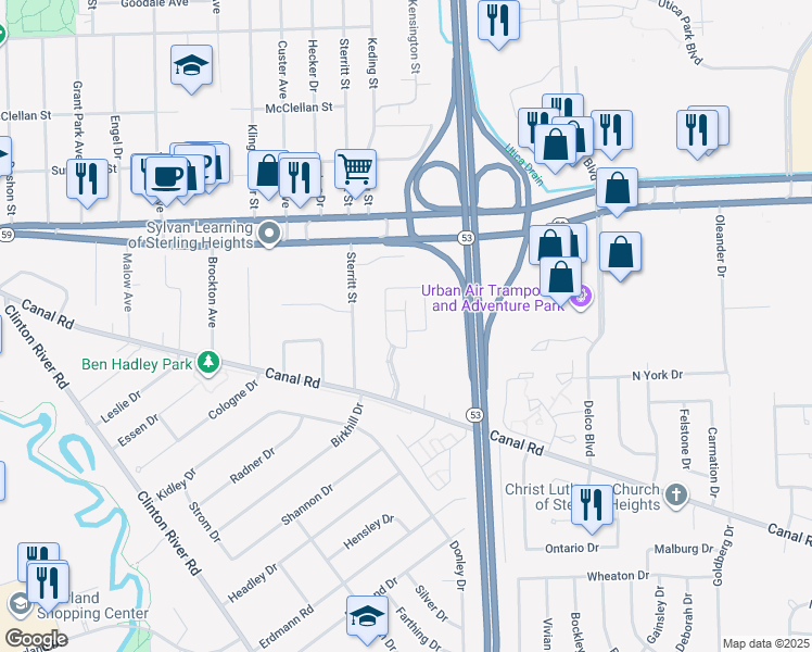 map of restaurants, bars, coffee shops, grocery stores, and more near 44459 Patricia Drive in Sterling Heights
