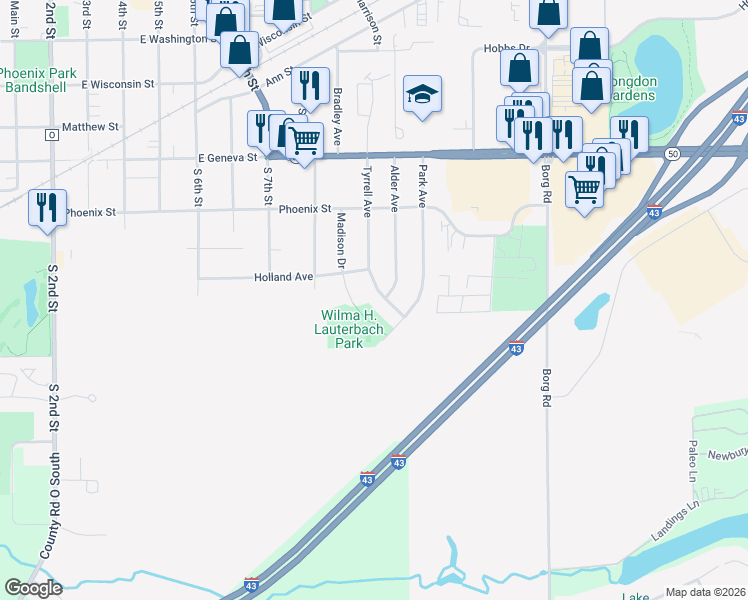 map of restaurants, bars, coffee shops, grocery stores, and more near 719 Madison Drive in Delavan