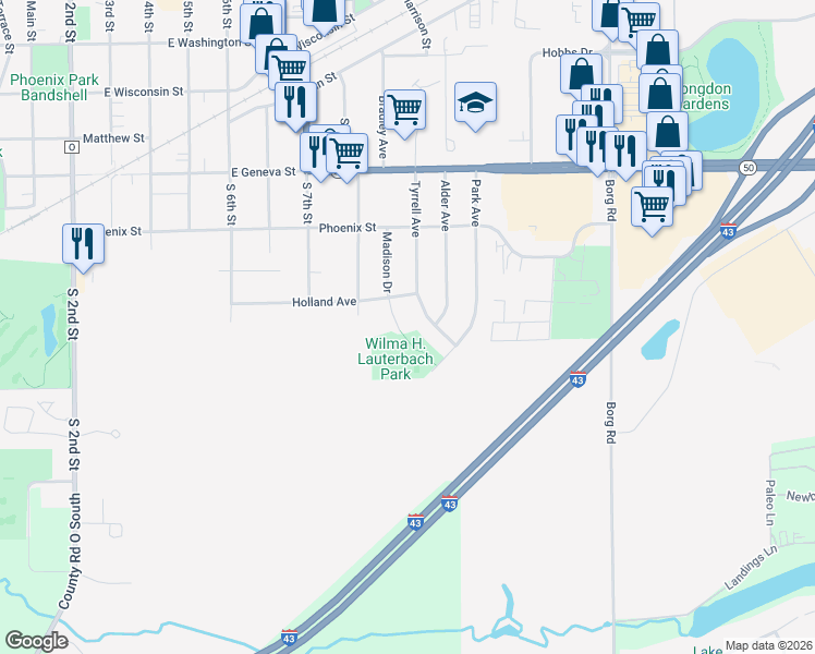 map of restaurants, bars, coffee shops, grocery stores, and more near 719 Madison Drive in Delavan