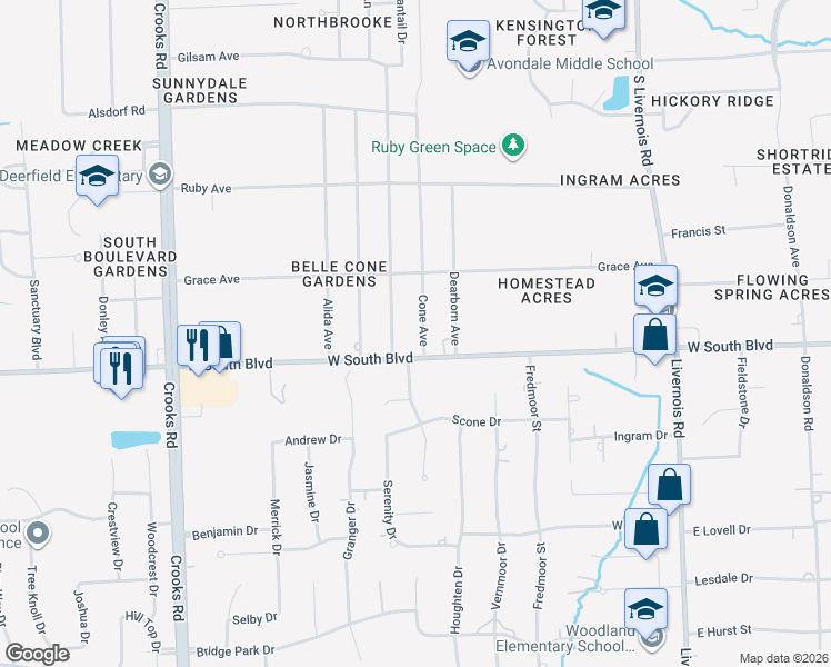 map of restaurants, bars, coffee shops, grocery stores, and more near 3945 Cone Avenue in Rochester Hills