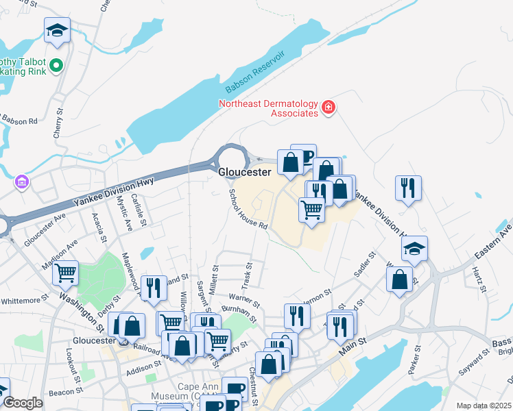 map of restaurants, bars, coffee shops, grocery stores, and more near 4 School House Road in Gloucester
