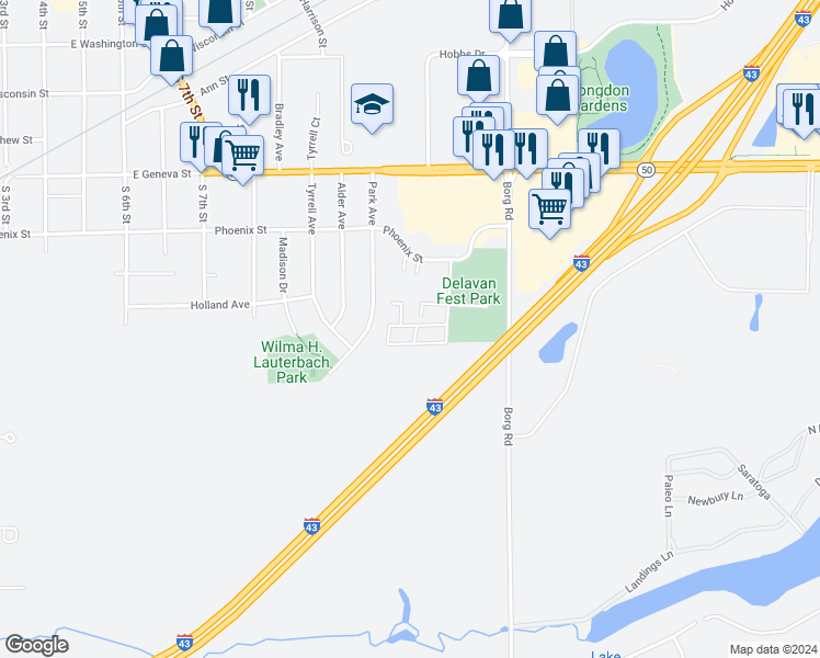 map of restaurants, bars, coffee shops, grocery stores, and more near 714 Faryl Avenue in Delavan