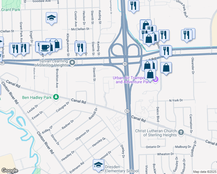 map of restaurants, bars, coffee shops, grocery stores, and more near 44459 Patricia Drive in Sterling Heights