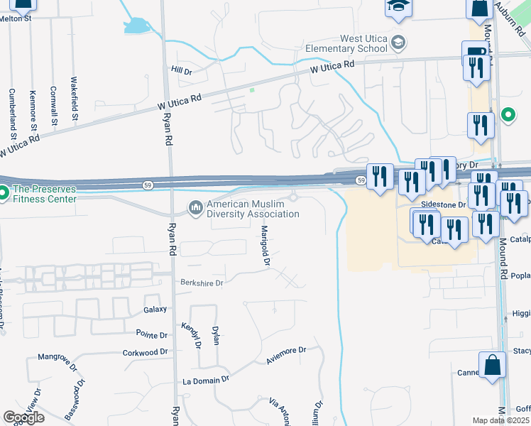 map of restaurants, bars, coffee shops, grocery stores, and more near 44884 Marigold Drive in Sterling Heights